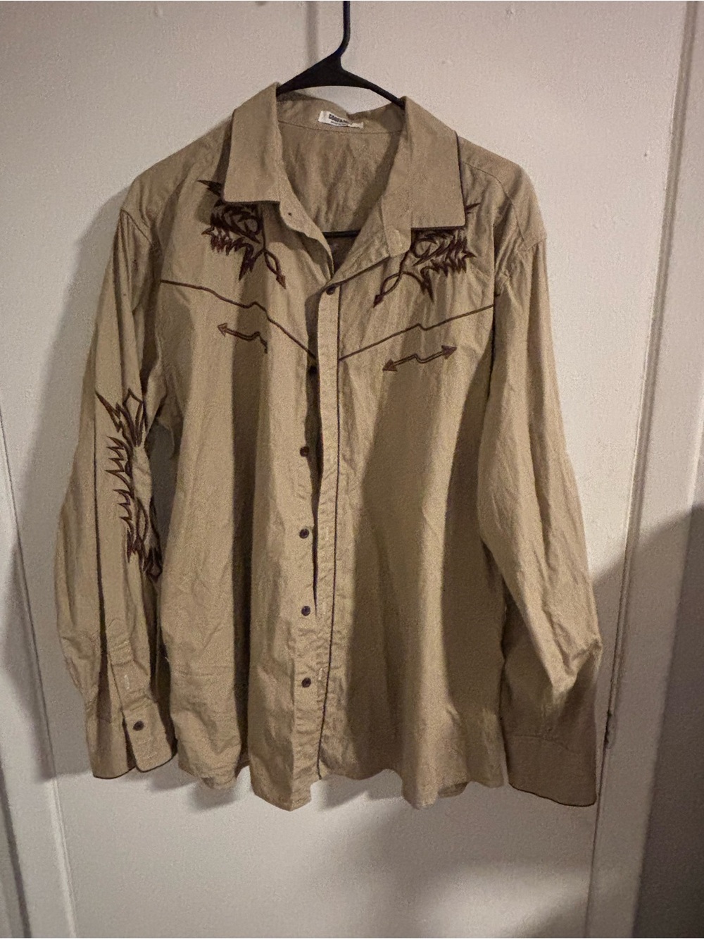 Coofandy Western Embroidered Button Up Shirt XL Beige Cowboy Pearl Snap Style